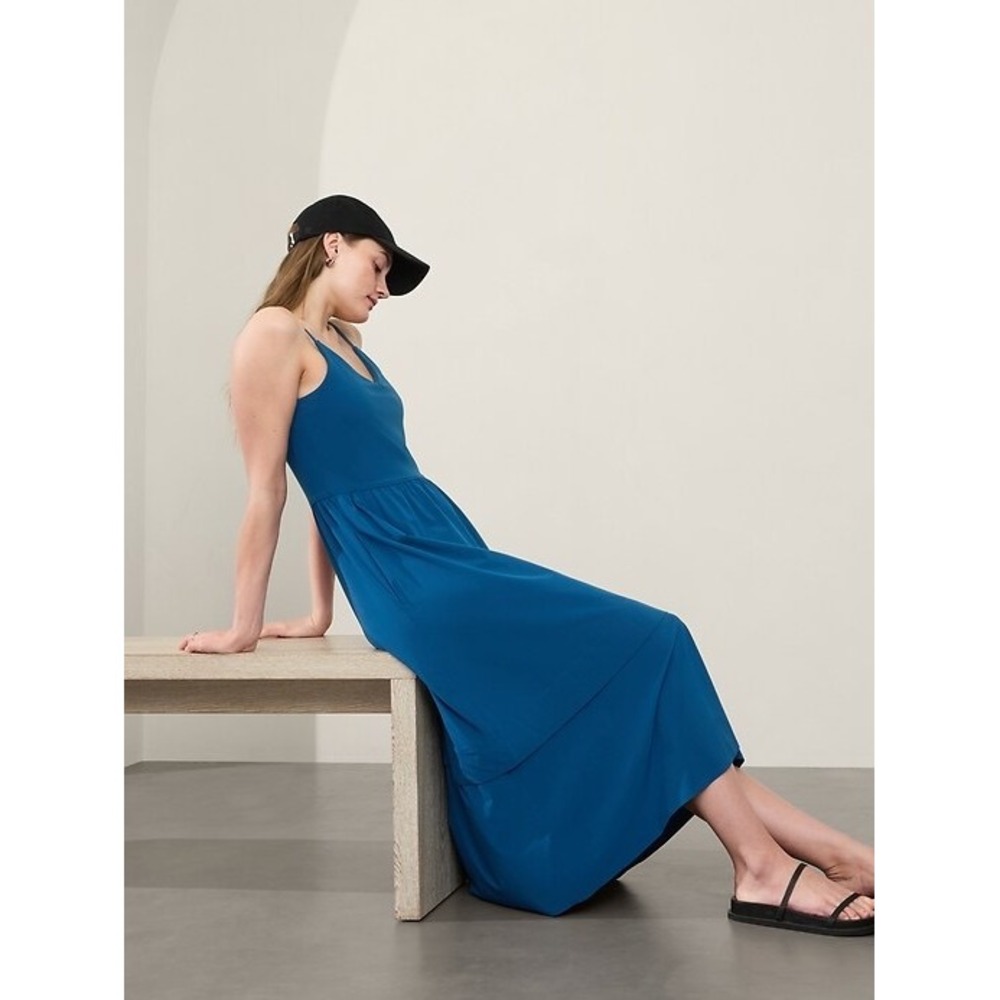 Athleta Elation V-Neck Hybrid Midi Dress Strappy with Pockets Size Medium Blue - Picture 2 of 9